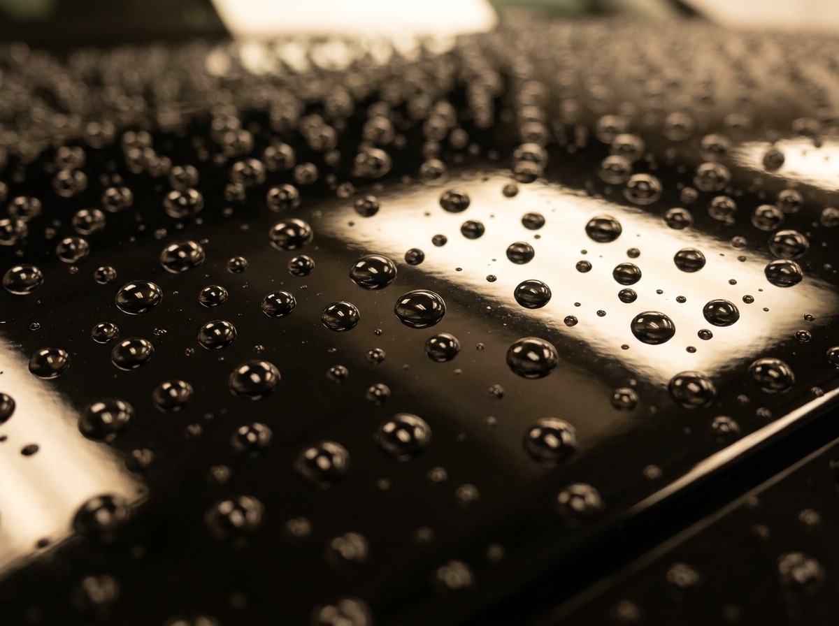 Macro close-up of water beading on black ceramic-coated paint