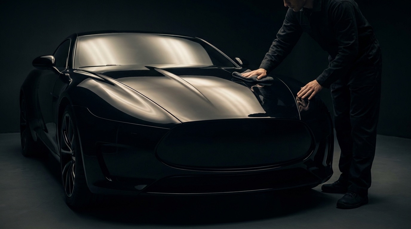 A glossy black sports car catching champagne-colored reflections while a detailer polishes the hood in a driveway